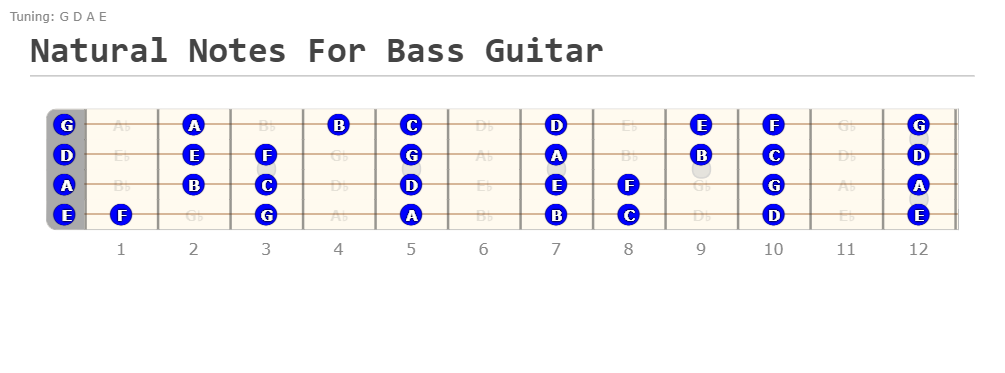 All Natural Notes Bass Guitar Fretboard Map